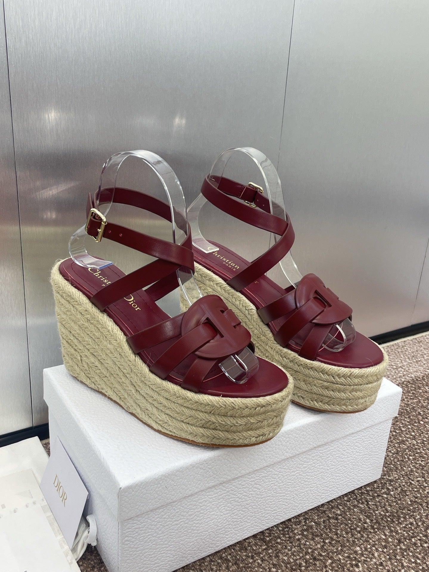 D-CLUB 25S HIGH HEEL WEDGE 100MM IN BURGUNDY RED CALFSKIN RAFFIA SOLE - 34