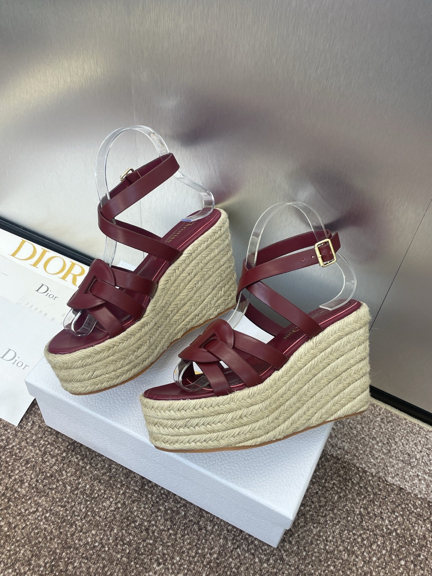 D-CLUB 25S HIGH HEEL WEDGE 100MM IN BURGUNDY RED CALFSKIN RAFFIA SOLE - 34