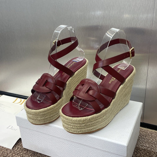 D-CLUB 25S HIGH HEEL WEDGE 100MM IN BURGUNDY RED CALFSKIN RAFFIA SOLE - 34