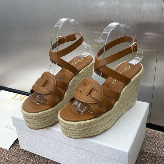 D-CLUB 25S HIGH HEEL WEDGE 100MM IN BROWN CALFSKIN RAFFIA SOLE - 34