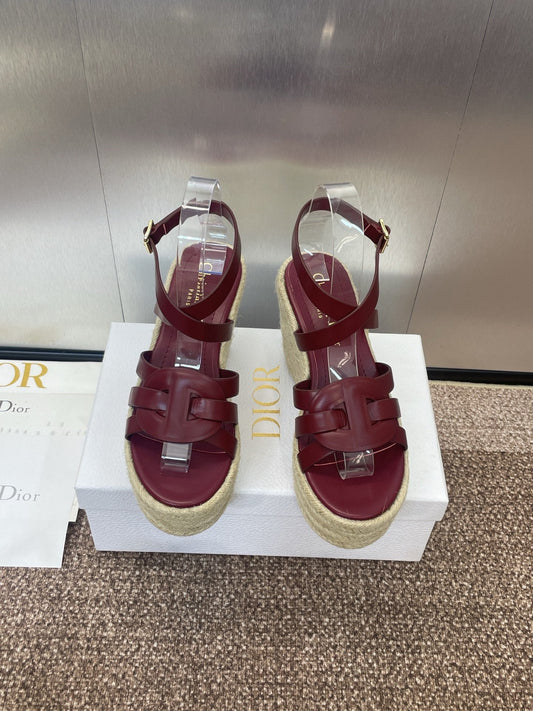 D-CLUB 25S HIGH HEEL WEDGE 100MM IN BURGUNDY RED CALFSKIN RAFFIA SOLE - 34