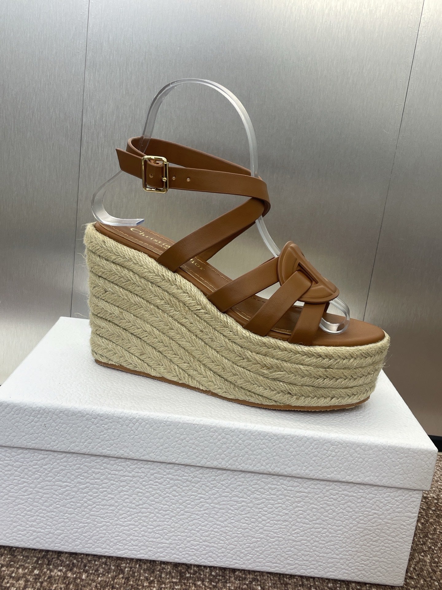 D-CLUB 25S HIGH HEEL WEDGE 100MM IN BROWN CALFSKIN RAFFIA SOLE - 34