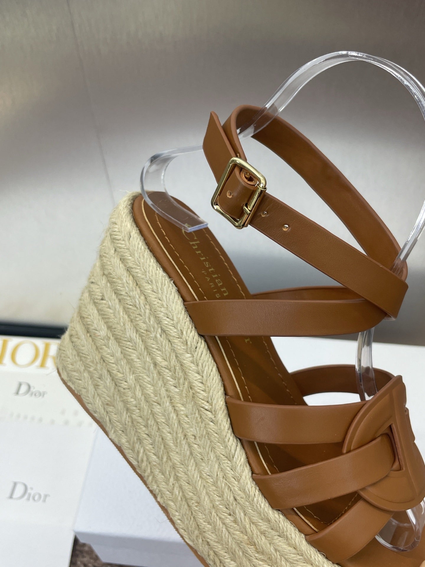 D-CLUB 25S HIGH HEEL WEDGE 100MM IN BROWN CALFSKIN RAFFIA SOLE - 34