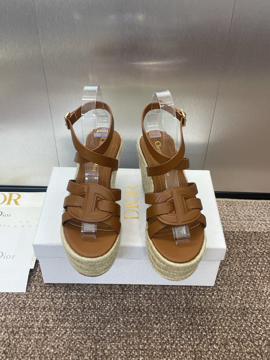 D-CLUB 25S HIGH HEEL WEDGE 100MM IN BROWN CALFSKIN RAFFIA SOLE - 34