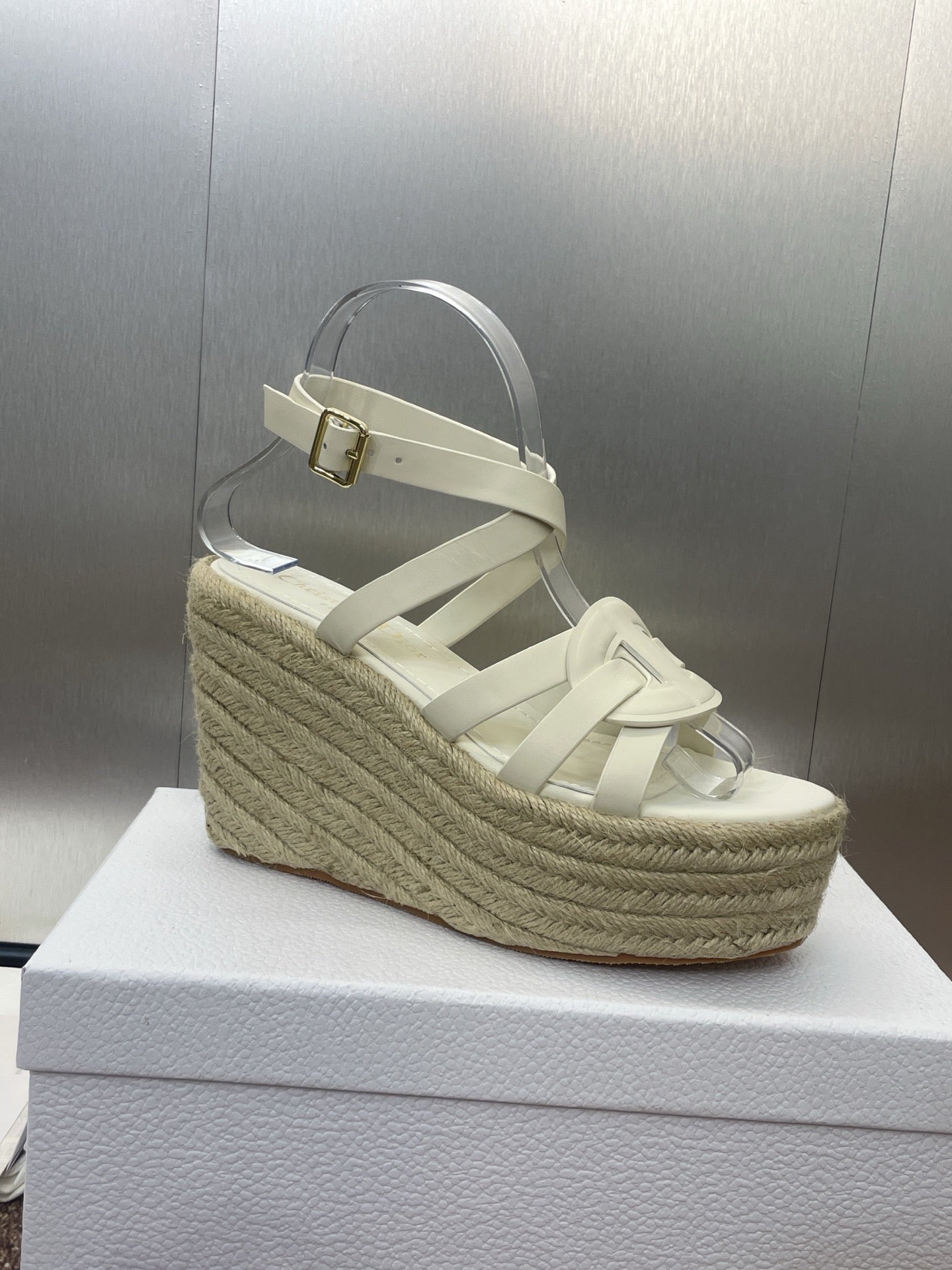 D-CLUB 25S HIGH HEEL WEDGE 100MM IN WHITE CALFSKIN RAFFIA SOLE - 34