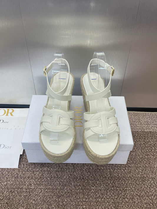 D-CLUB 25S HIGH HEEL WEDGE 100MM IN WHITE CALFSKIN RAFFIA SOLE - 34
