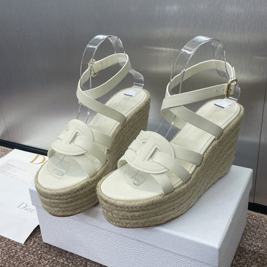 D-CLUB 25S HIGH HEEL WEDGE 100MM IN WHITE CALFSKIN RAFFIA SOLE - 34