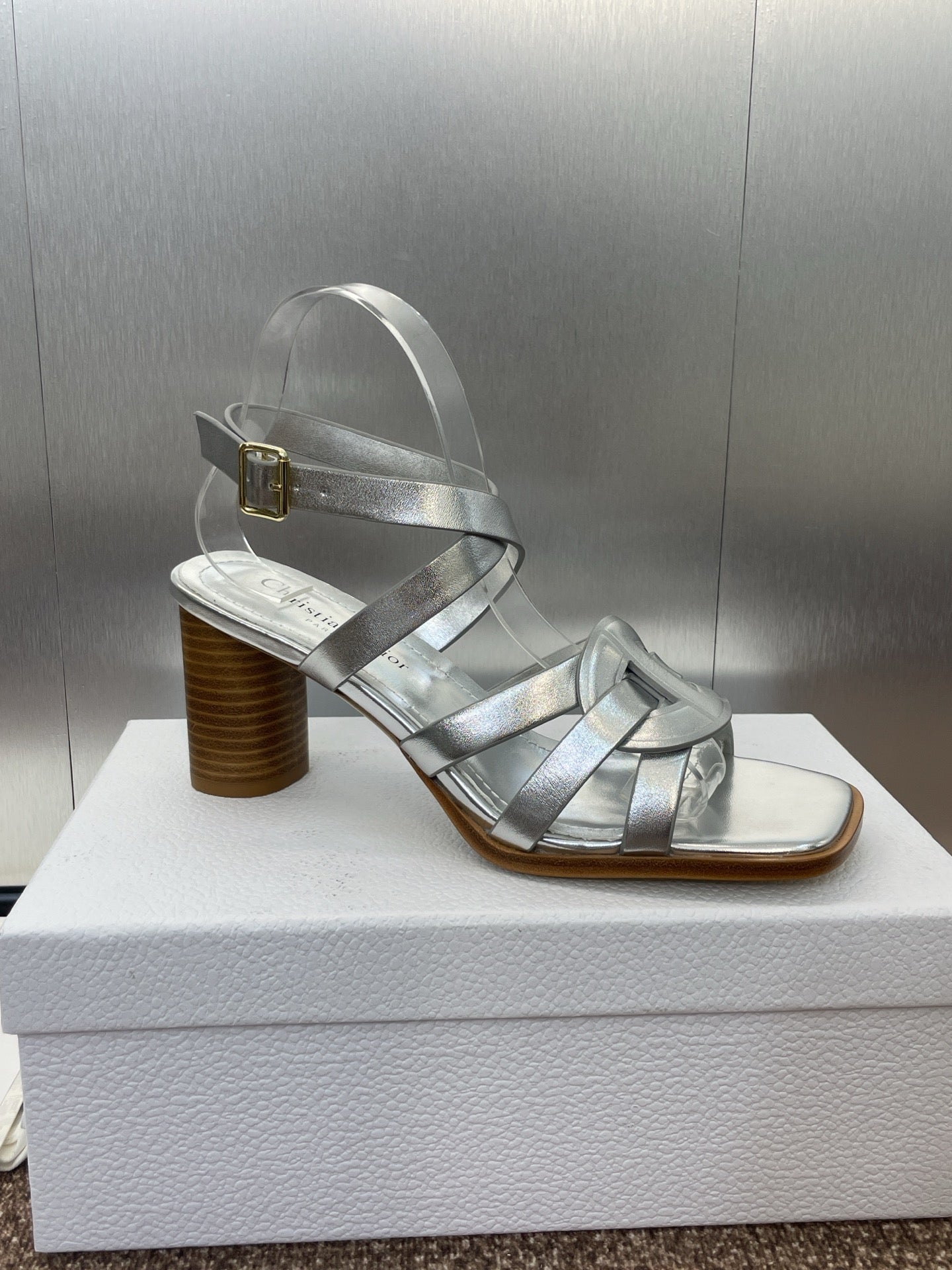 D-CLUB HIGH HEEL SLIDE 25S 80MM IN SILVER GLOSSY CALFSKIN - 34