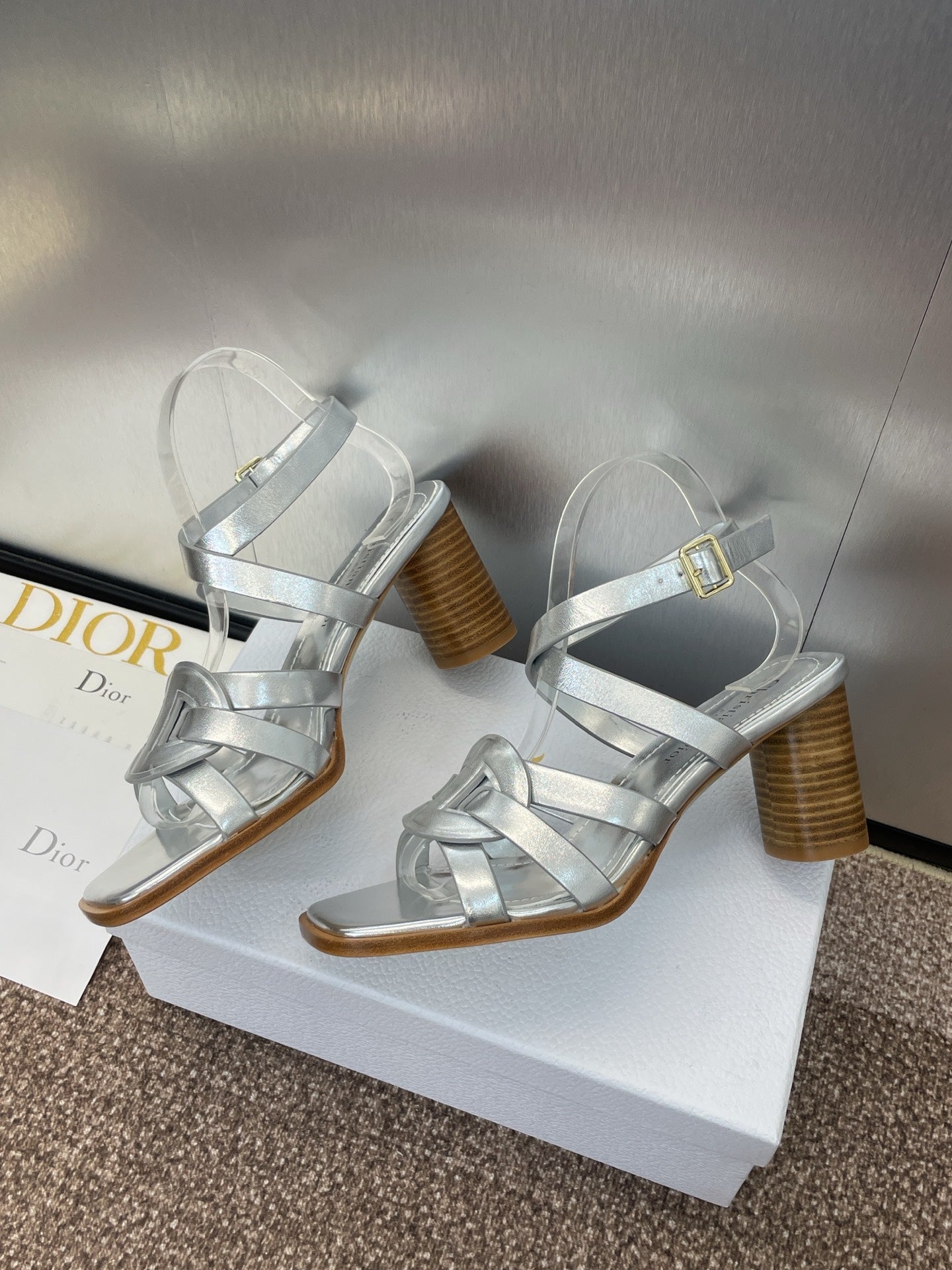 D-CLUB HIGH HEEL SLIDE 25S 80MM IN SILVER GLOSSY CALFSKIN - 34