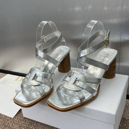 D-CLUB HIGH HEEL SLIDE 25S 80MM IN SILVER GLOSSY CALFSKIN - 34