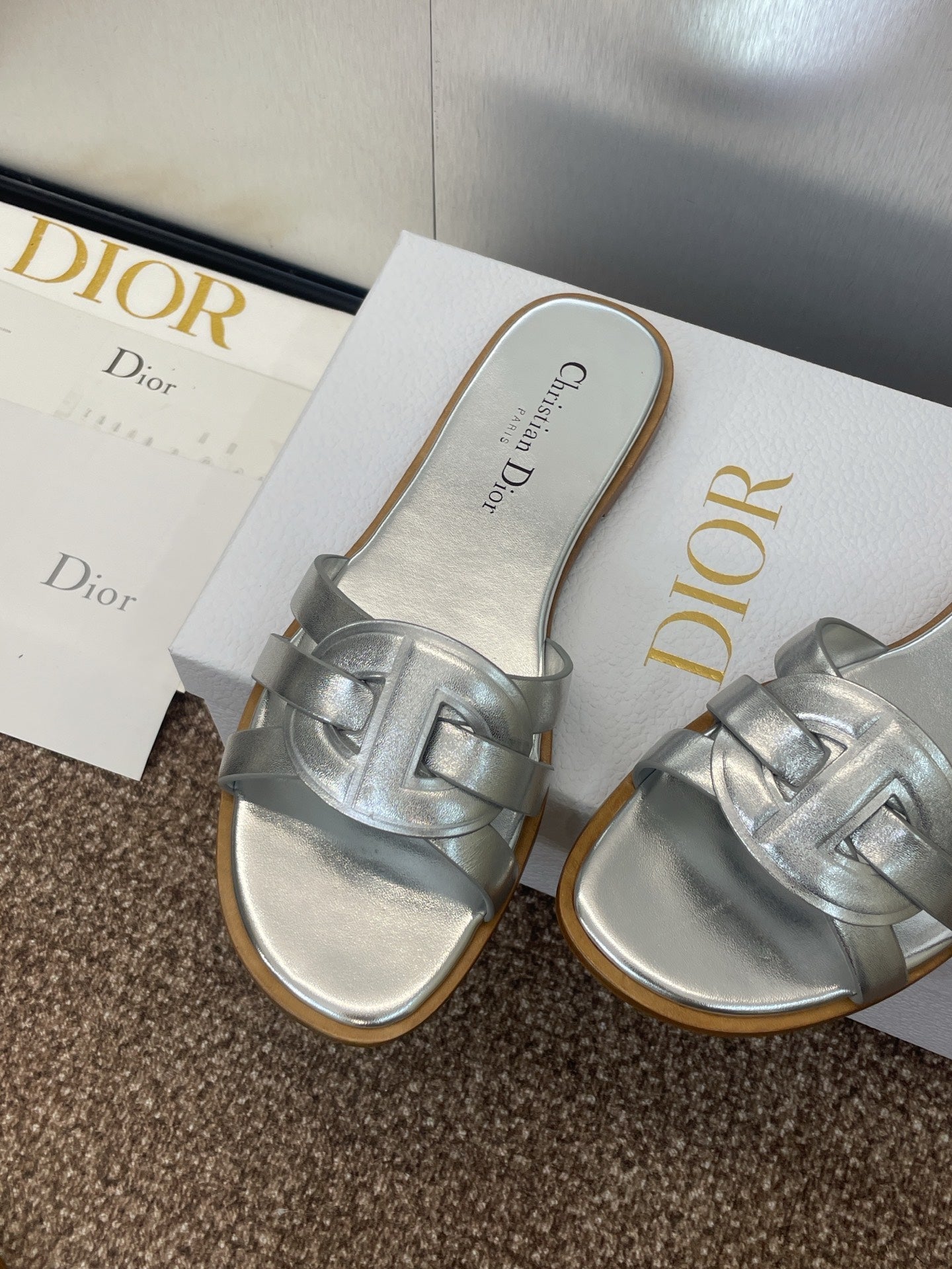 D-CLUB SLIDE SANDAL 25S IN SILVER GLOSSY CALFSKIN - 34