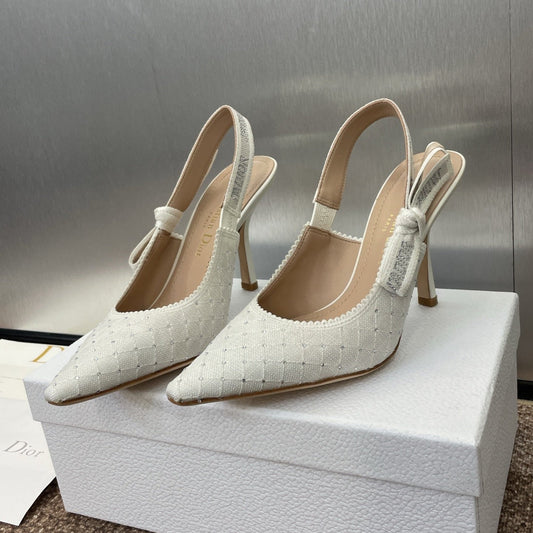 J'ADIOR SLINGBACK 25S PUMP 95MM IN WHITE FABRIC EMBOSSED CRYSTAL - 33