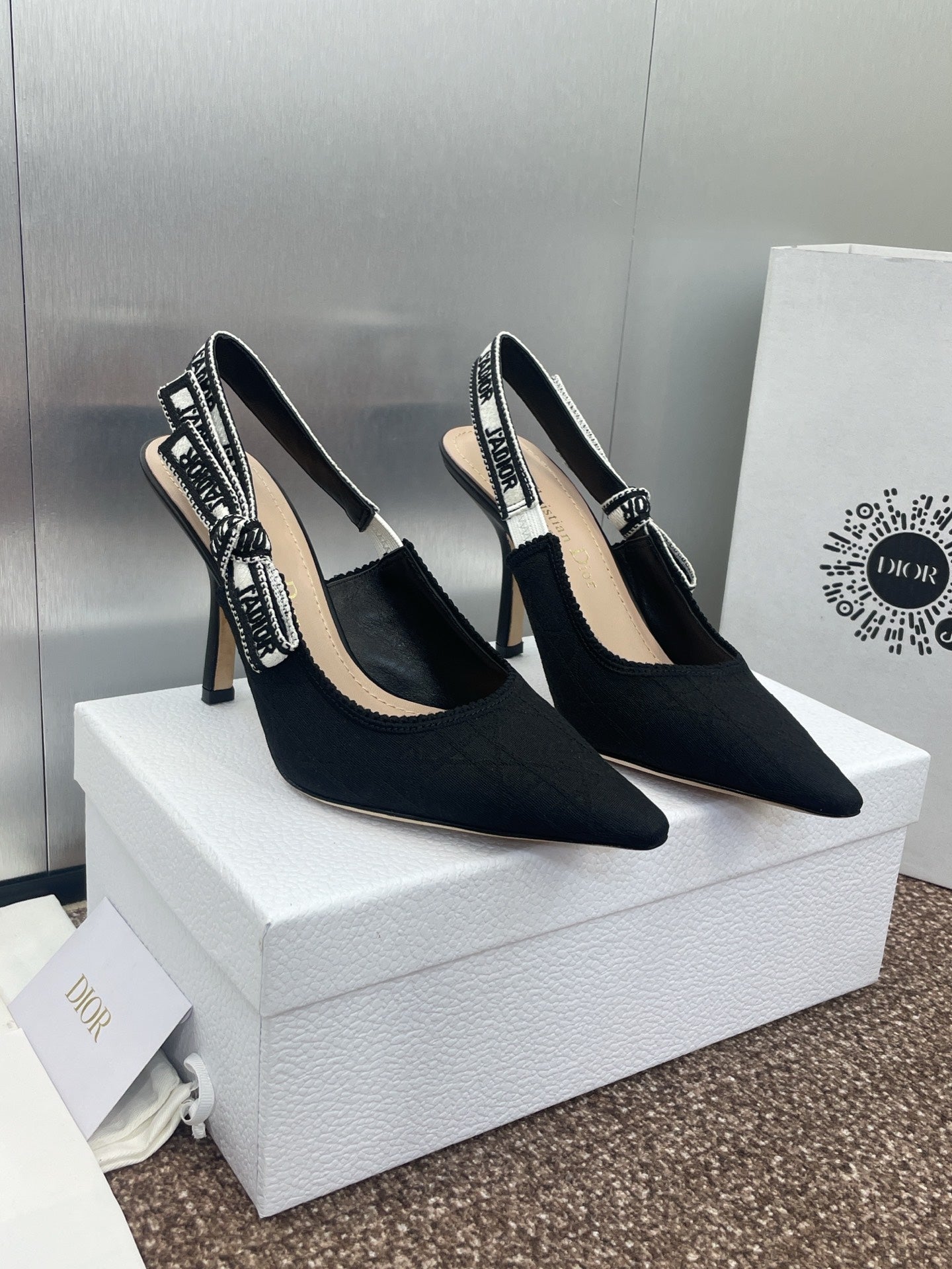 J'ADIOR SLINGBACK 25S PUMP 95MM IN BLACK QUAKE OBLIQUE EMBROIDERED FABRIC - 33