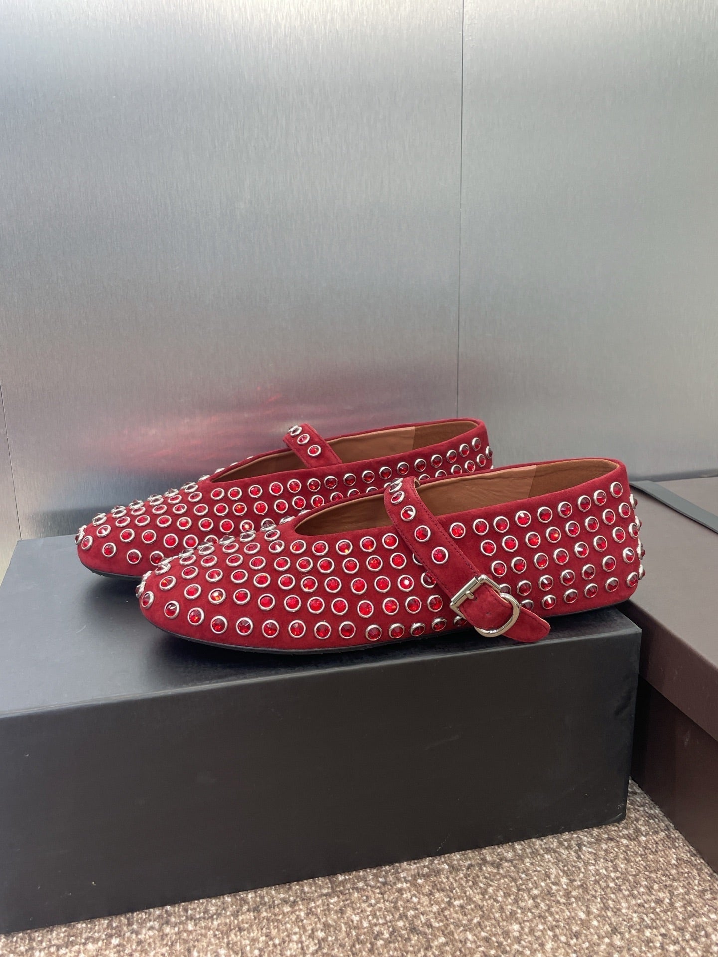 ALAIA MARY JANE FLAT 25S IN DARK RED LAMBSKIN EMBELLISHED WITH CRYSTALS - 34