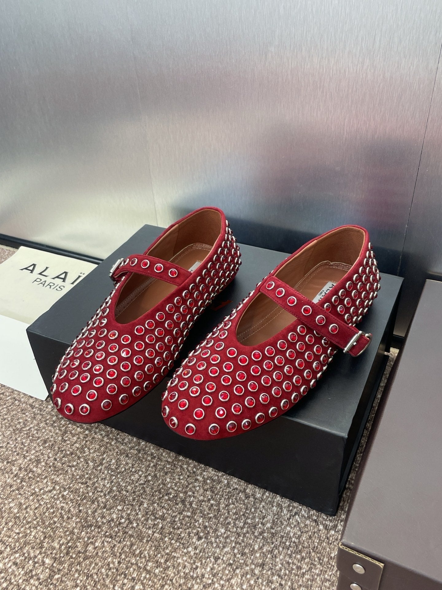 ALAIA MARY JANE FLAT 25S IN DARK RED LAMBSKIN EMBELLISHED WITH CRYSTALS - 34