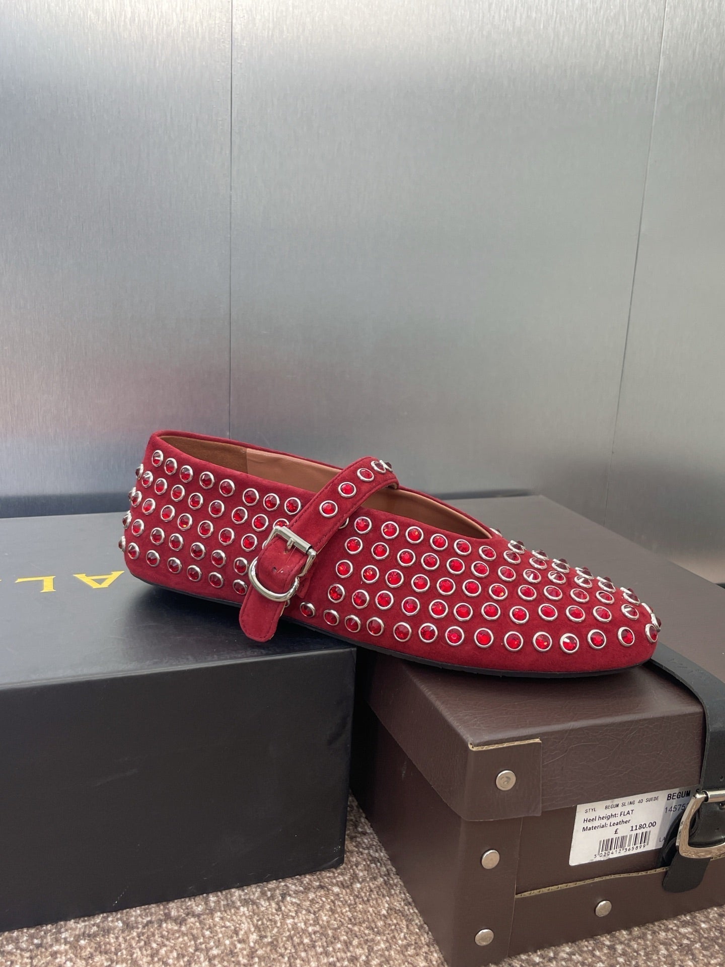 ALAIA MARY JANE FLAT 25S IN DARK RED LAMBSKIN EMBELLISHED WITH CRYSTALS - 34