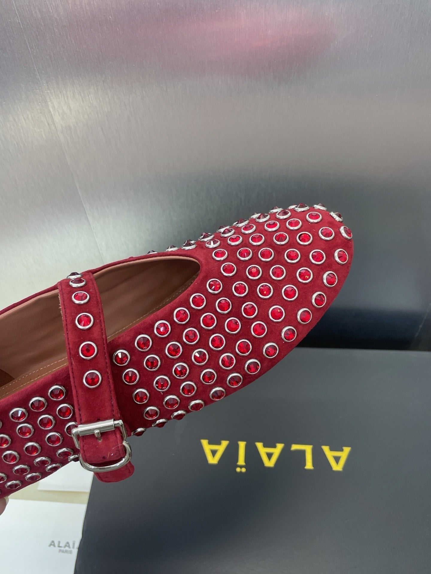 ALAIA MARY JANE FLAT 25S IN DARK RED LAMBSKIN EMBELLISHED WITH CRYSTALS - 34