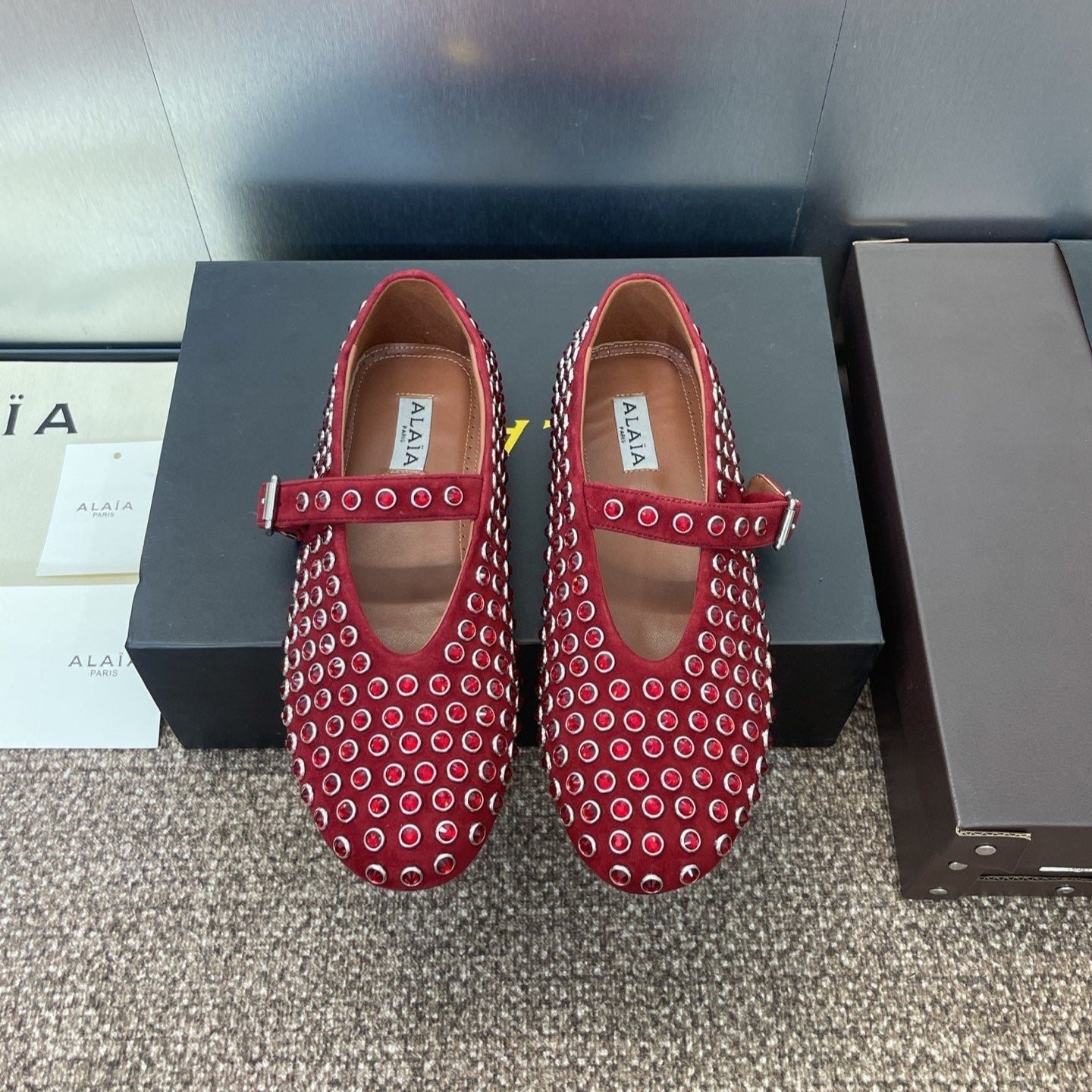 ALAIA MARY JANE FLAT 25S IN DARK RED LAMBSKIN EMBELLISHED WITH CRYSTALS - 34
