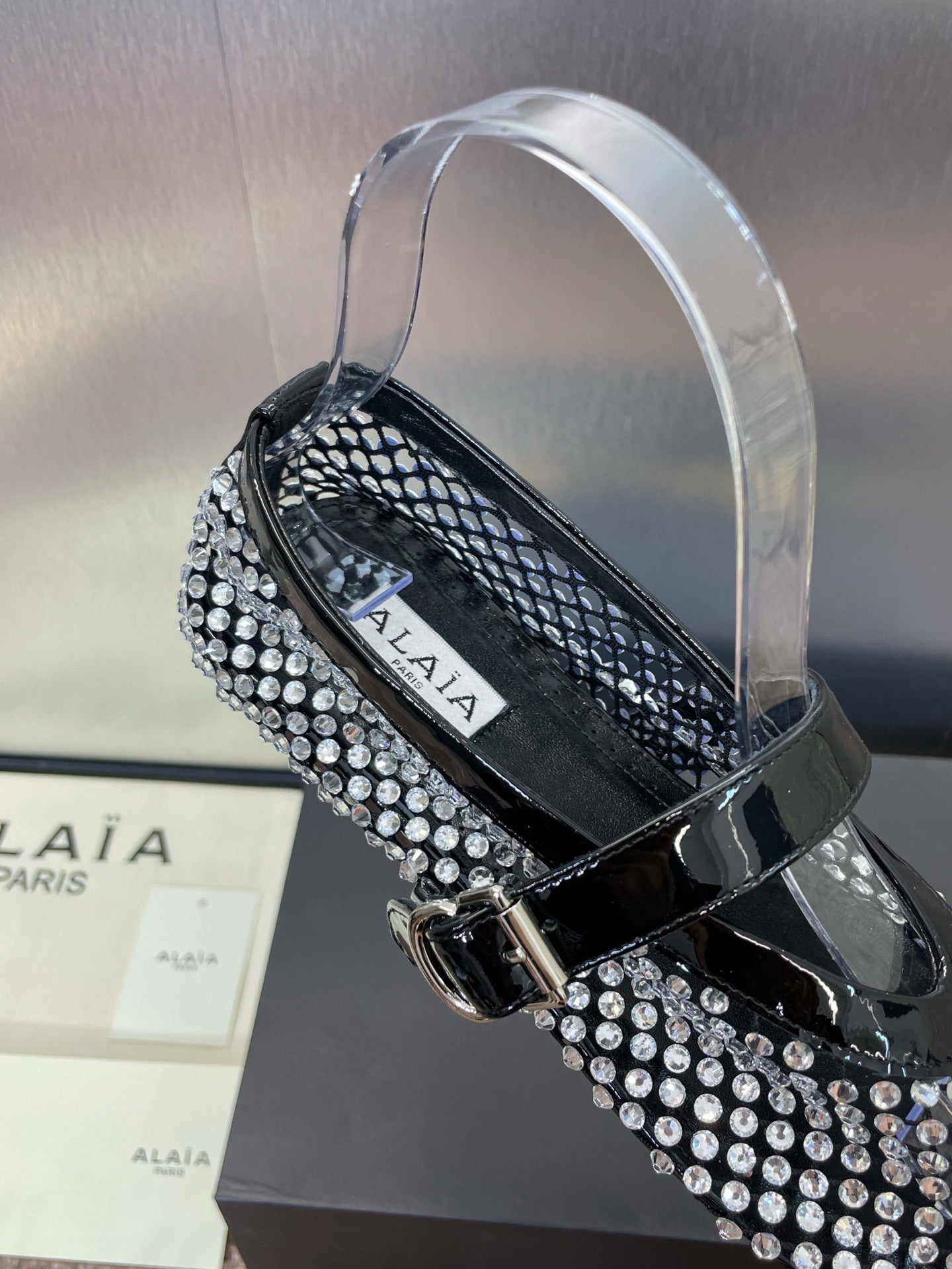 ALAIA MARY JANE FLAT 25S IN BLACK LAMBSKIN EMBELLISHED WITH CRYSTALS - 34