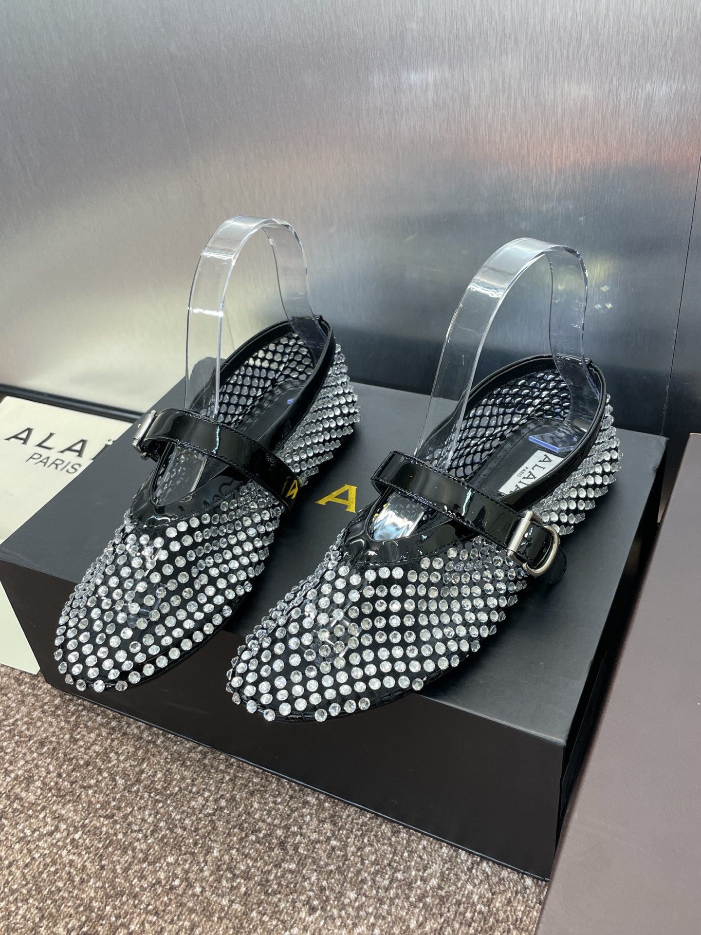 ALAIA MARY JANE FLAT 25S IN BLACK LAMBSKIN EMBELLISHED WITH CRYSTALS - 34