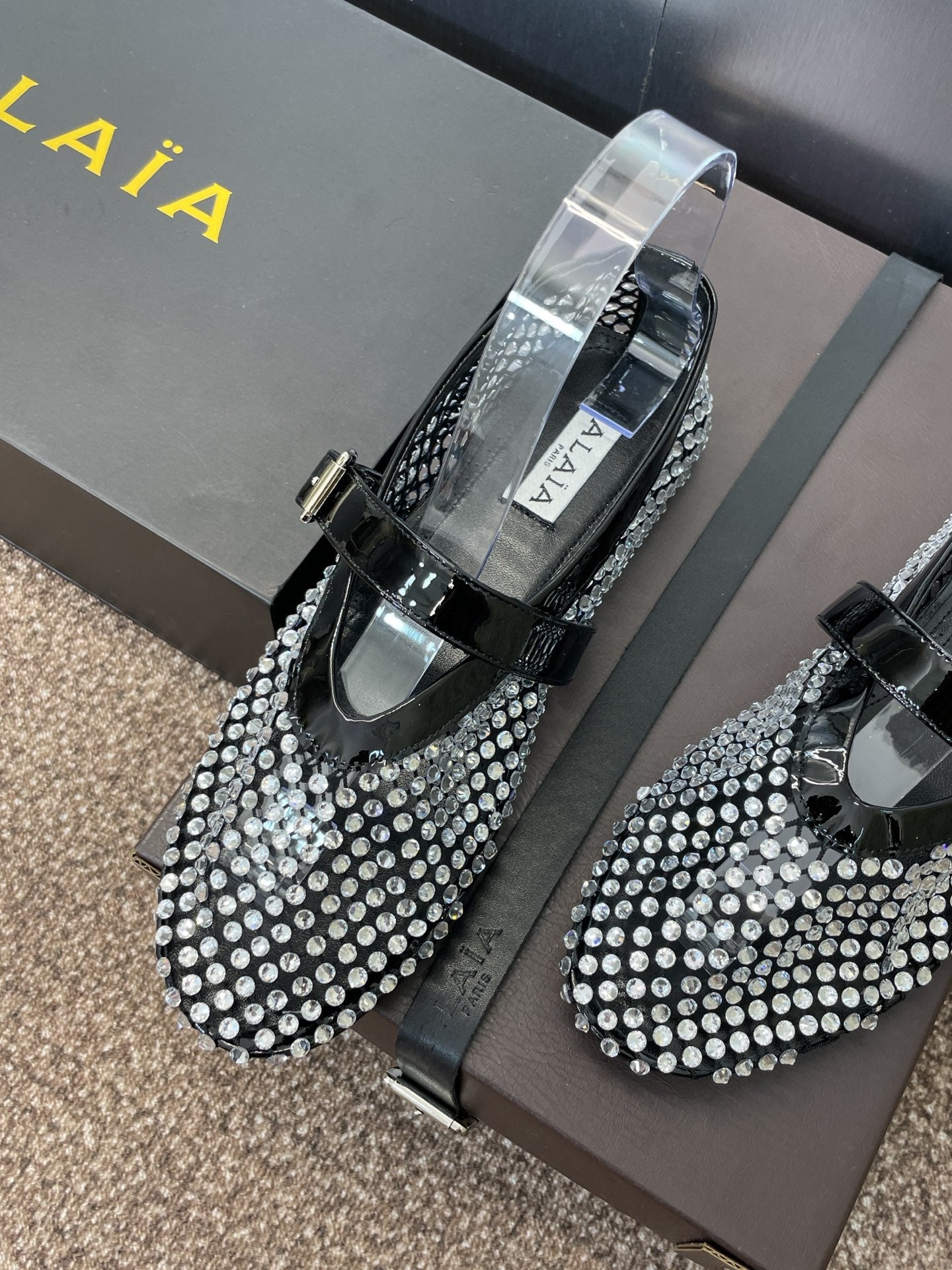 ALAIA MARY JANE FLAT 25S IN BLACK LAMBSKIN EMBELLISHED WITH CRYSTALS - 34