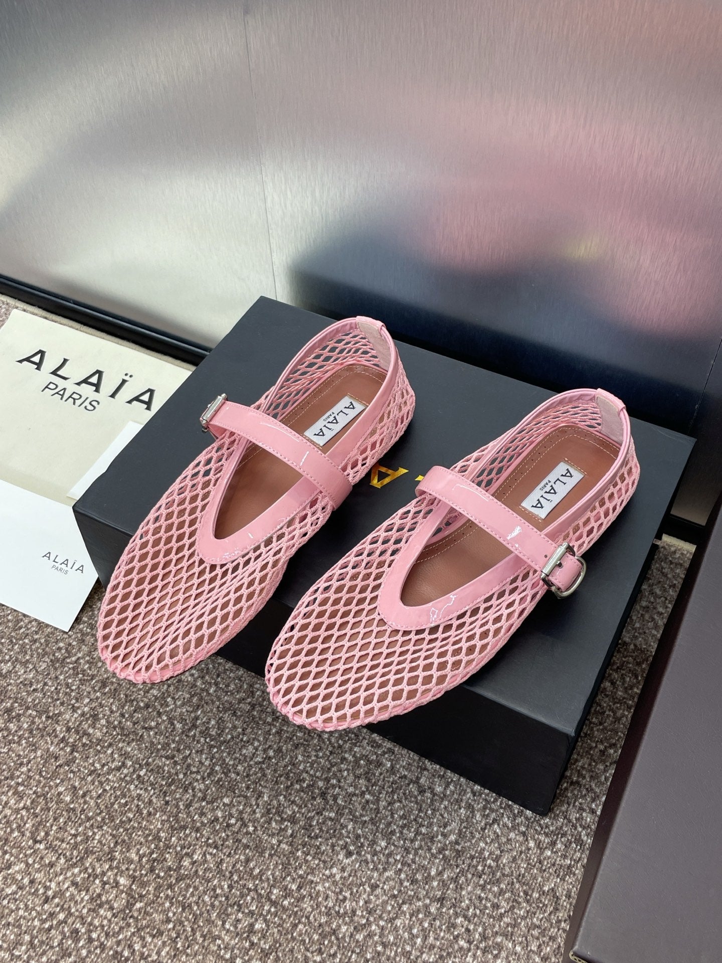 ALAIA MARY JANE FLAT 25S IN LIGHT PINK MESH CALFSKIN - 34