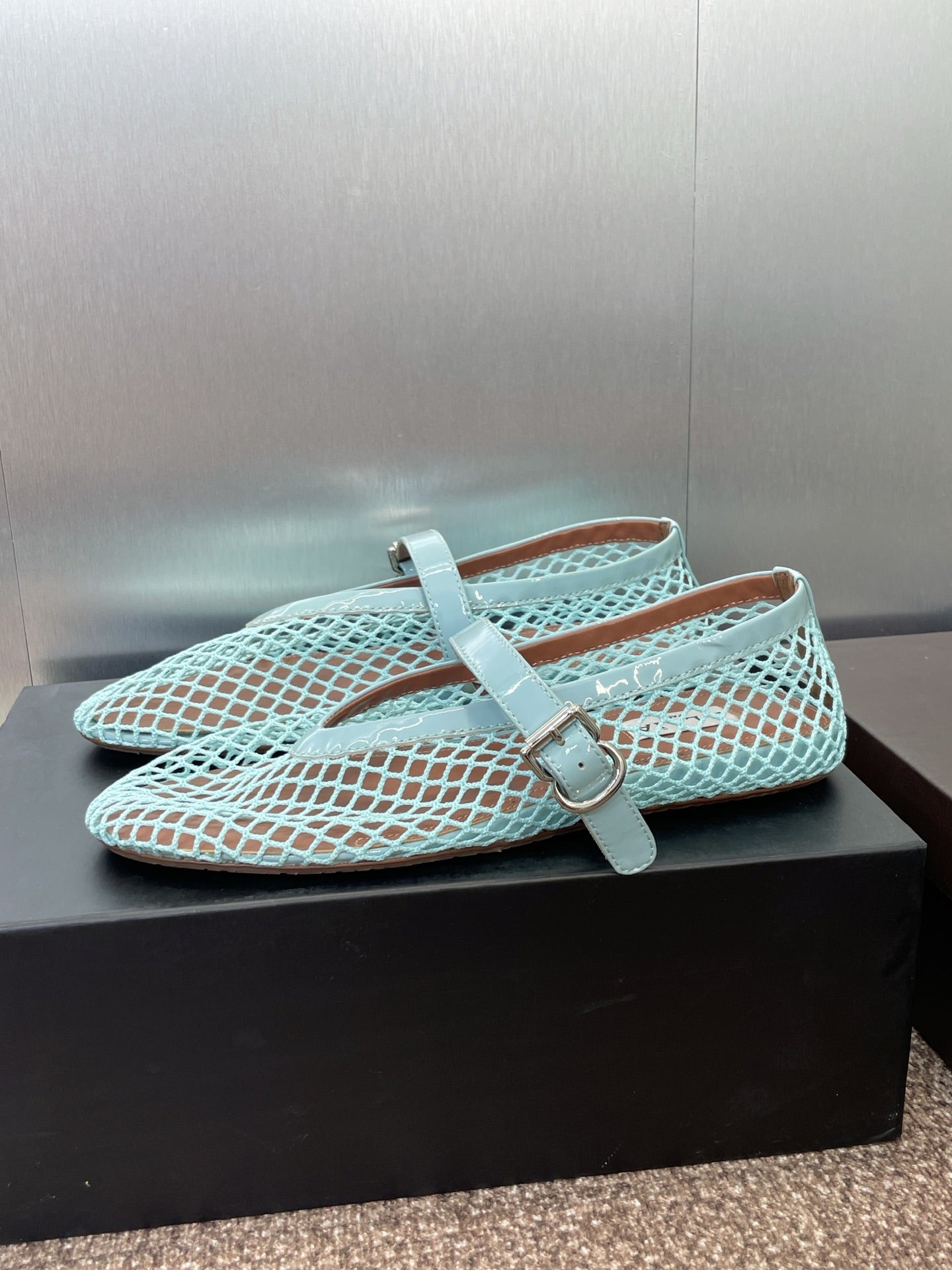 ALAIA MARY JANE FLAT 25S IN PASTEL BLUE MESH CALFSKIN - 34