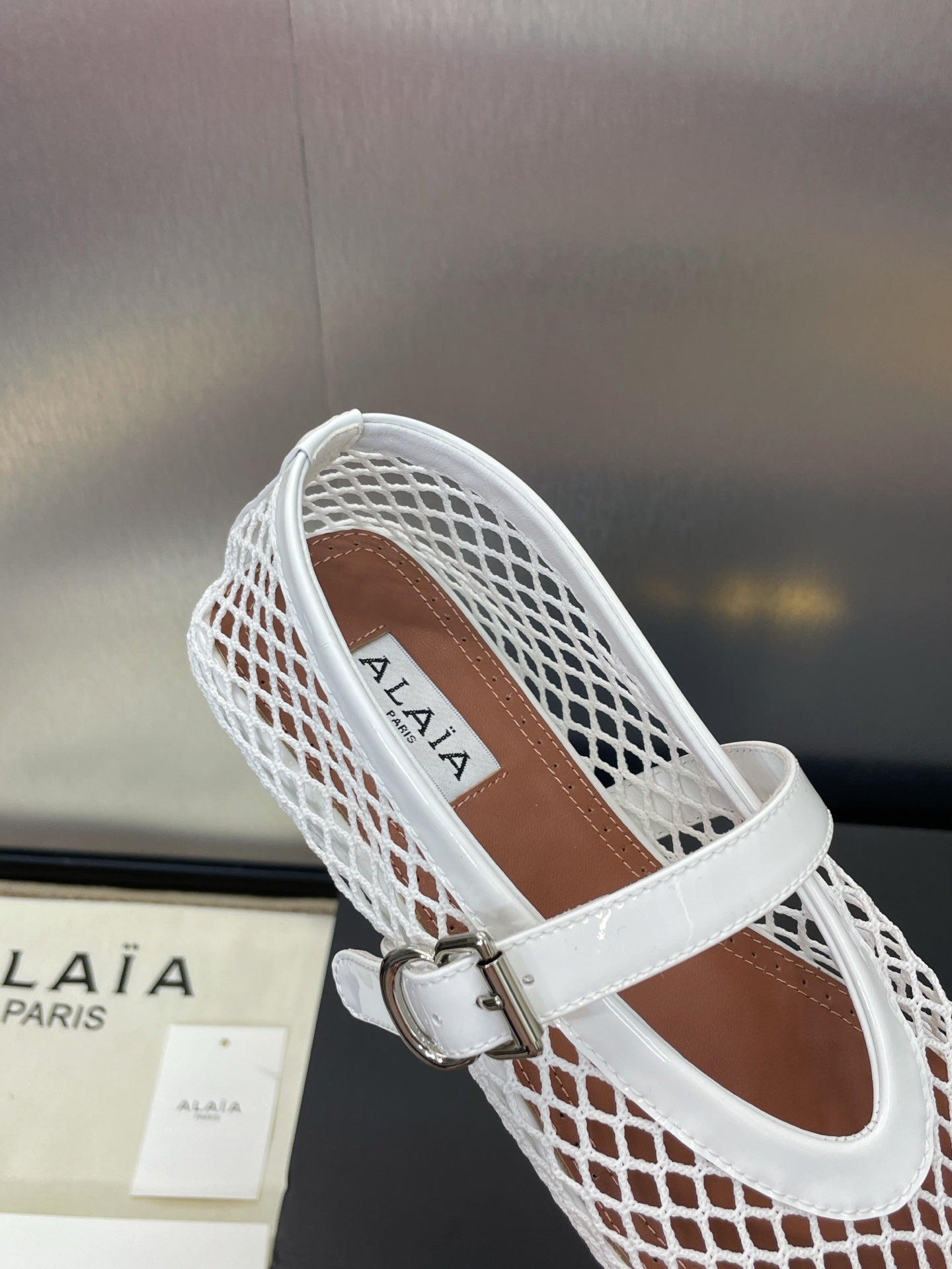 ALAIA MARY JANE FLAT 25S IN WHITE MESH CALFSKIN - 34