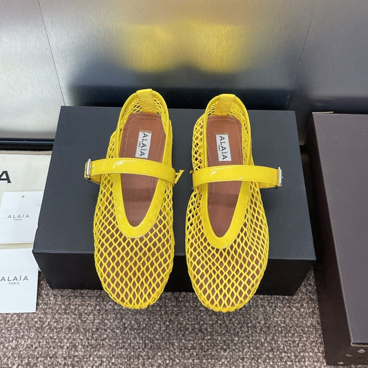 ALAIA MARY JANE FLAT 25S IN YELLOW MESH CALFSKIN - 34