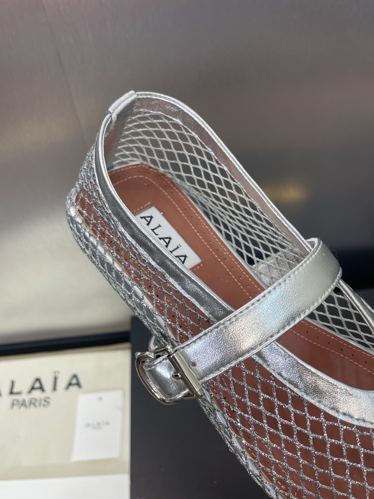 ALAIA MARY JANE FLAT 25S IN SILVER MESH CALFSKIN - 34