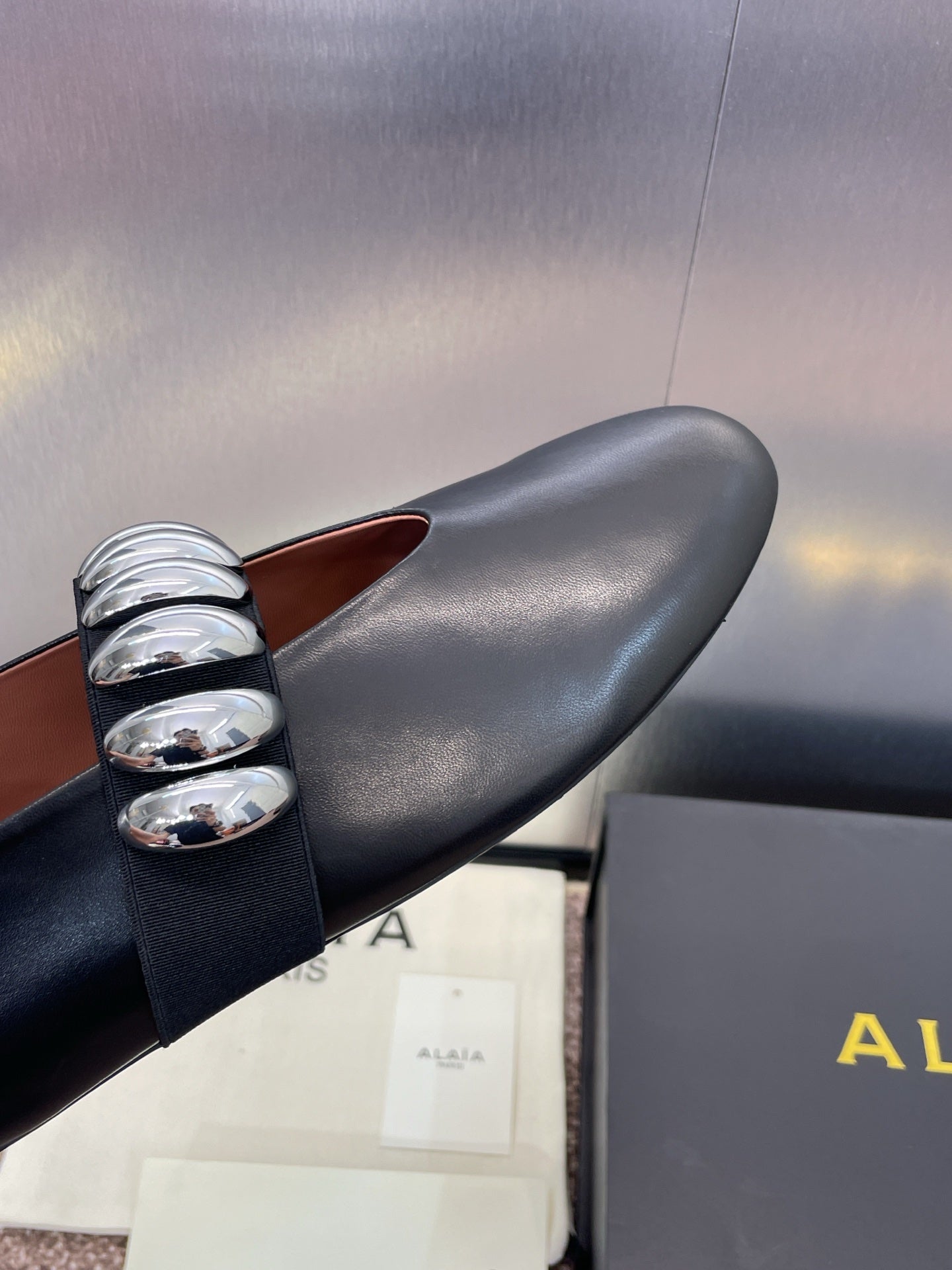 ALAIA MARY JANE FLATS 25S IN BLACK CALFSKIN WITH SILVER HARDWARE - 34