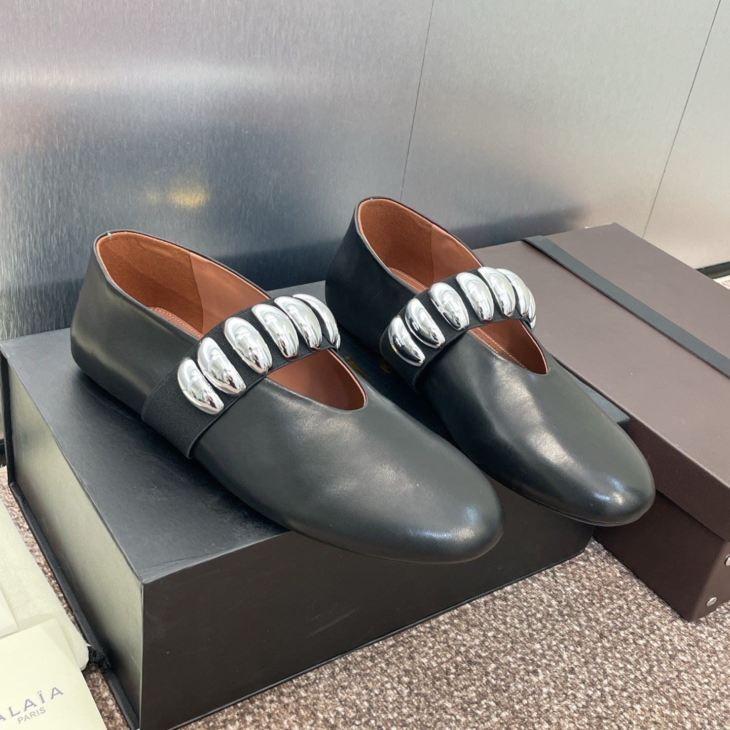 ALAIA MARY JANE FLATS 25S IN BLACK CALFSKIN WITH SILVER HARDWARE - 34