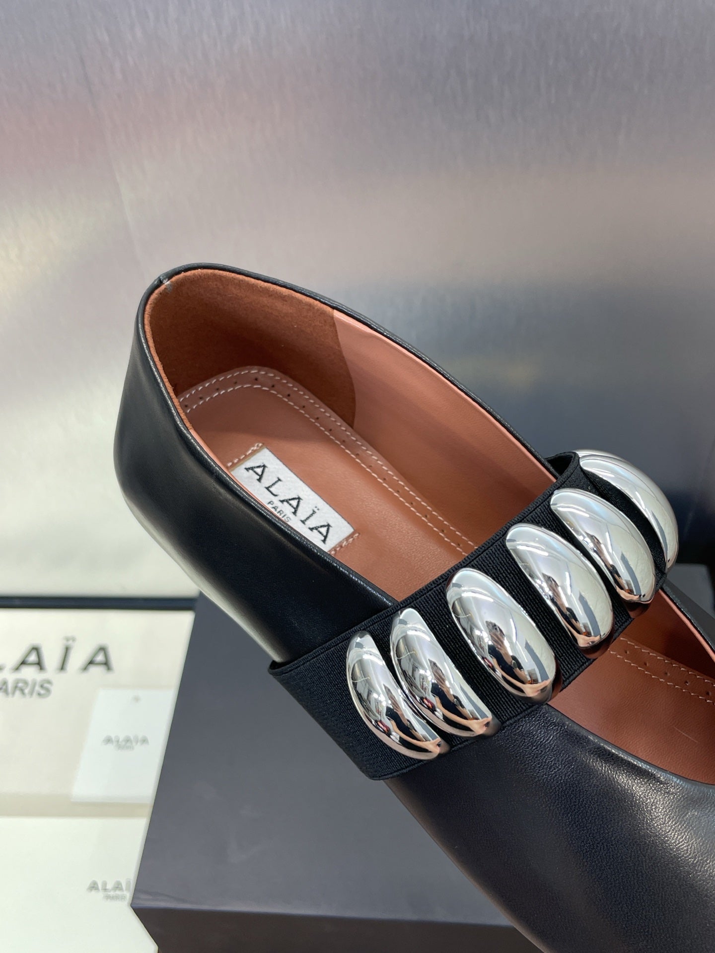ALAIA MARY JANE FLATS 25S IN BLACK CALFSKIN WITH SILVER HARDWARE - 34
