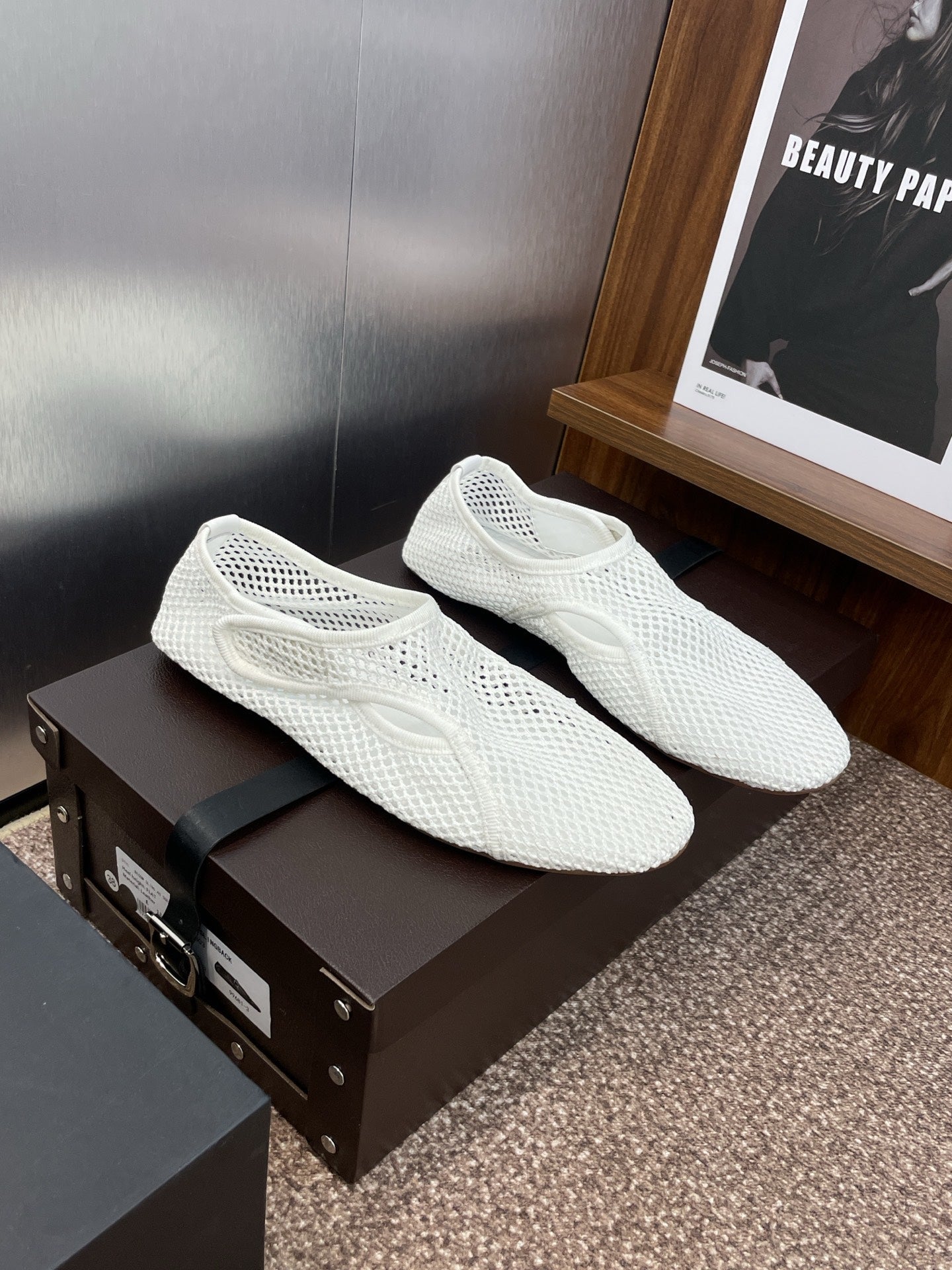 ALAIA MESH MARY JANE BALLET FLATS 25S IN WHITE FABRIC - 34