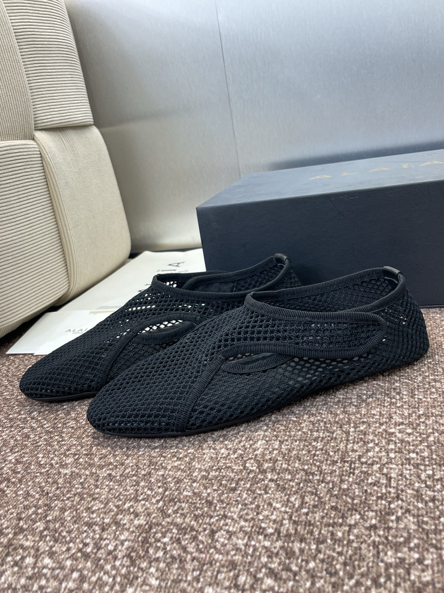 ALAIA MESH MARY JANE BALLET FLATS 25S IN BLACK FABRIC - 34