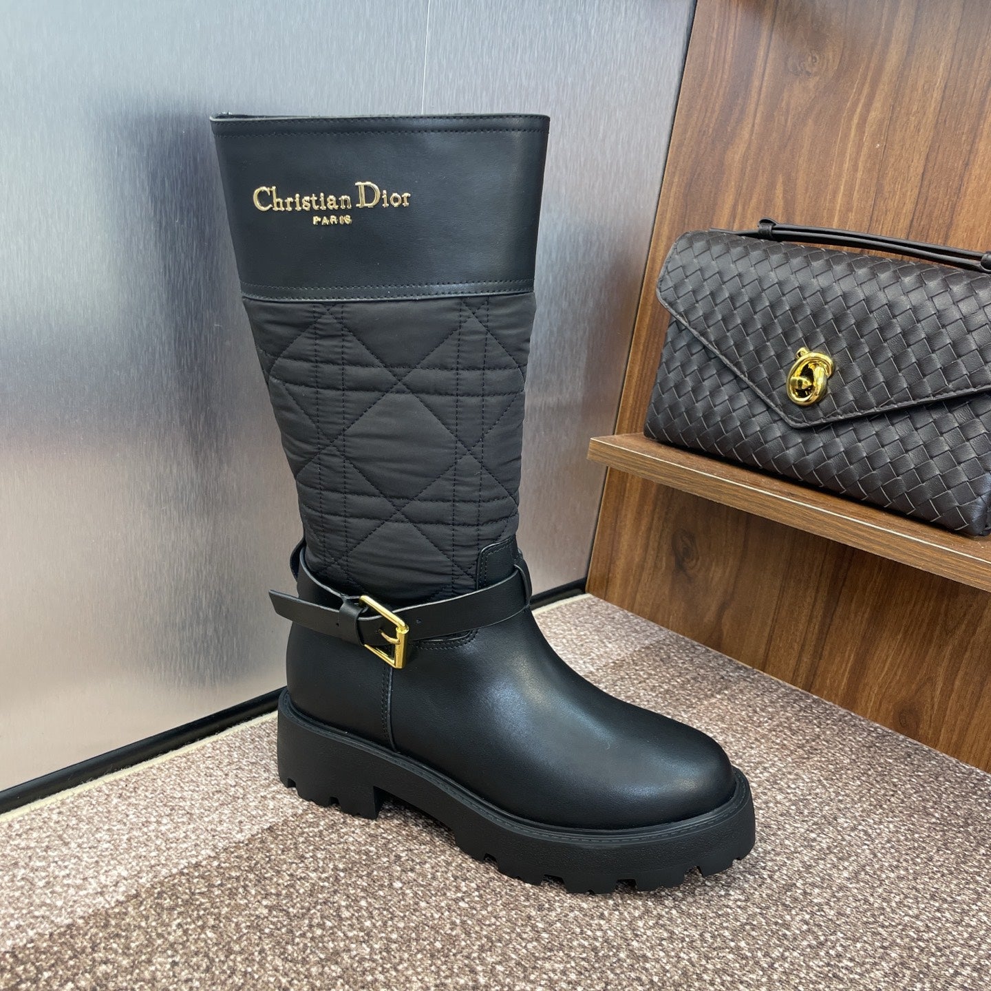 DIOR 25S D-TOWN BOOT 45MM IN BLACK CALFSKIN AND NYLON WITH EMBROIDERED CANNAGE MOTIF - 35