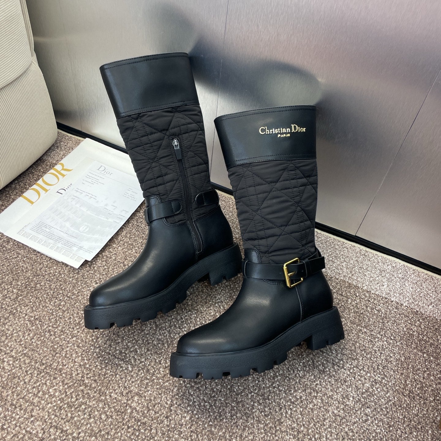 DIOR 25S D-TOWN BOOT 45MM IN BLACK CALFSKIN AND NYLON WITH EMBROIDERED CANNAGE MOTIF - 35