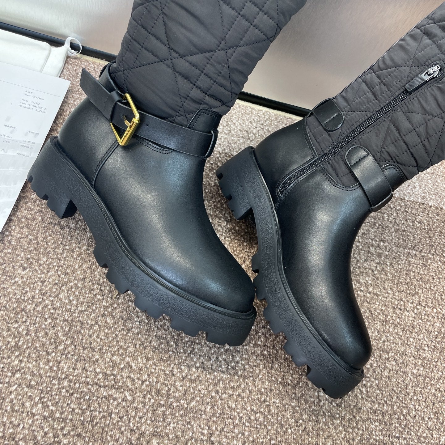 DIOR 25S D-TOWN BOOT 45MM IN BLACK CALFSKIN AND NYLON WITH EMBROIDERED CANNAGE MOTIF - 35