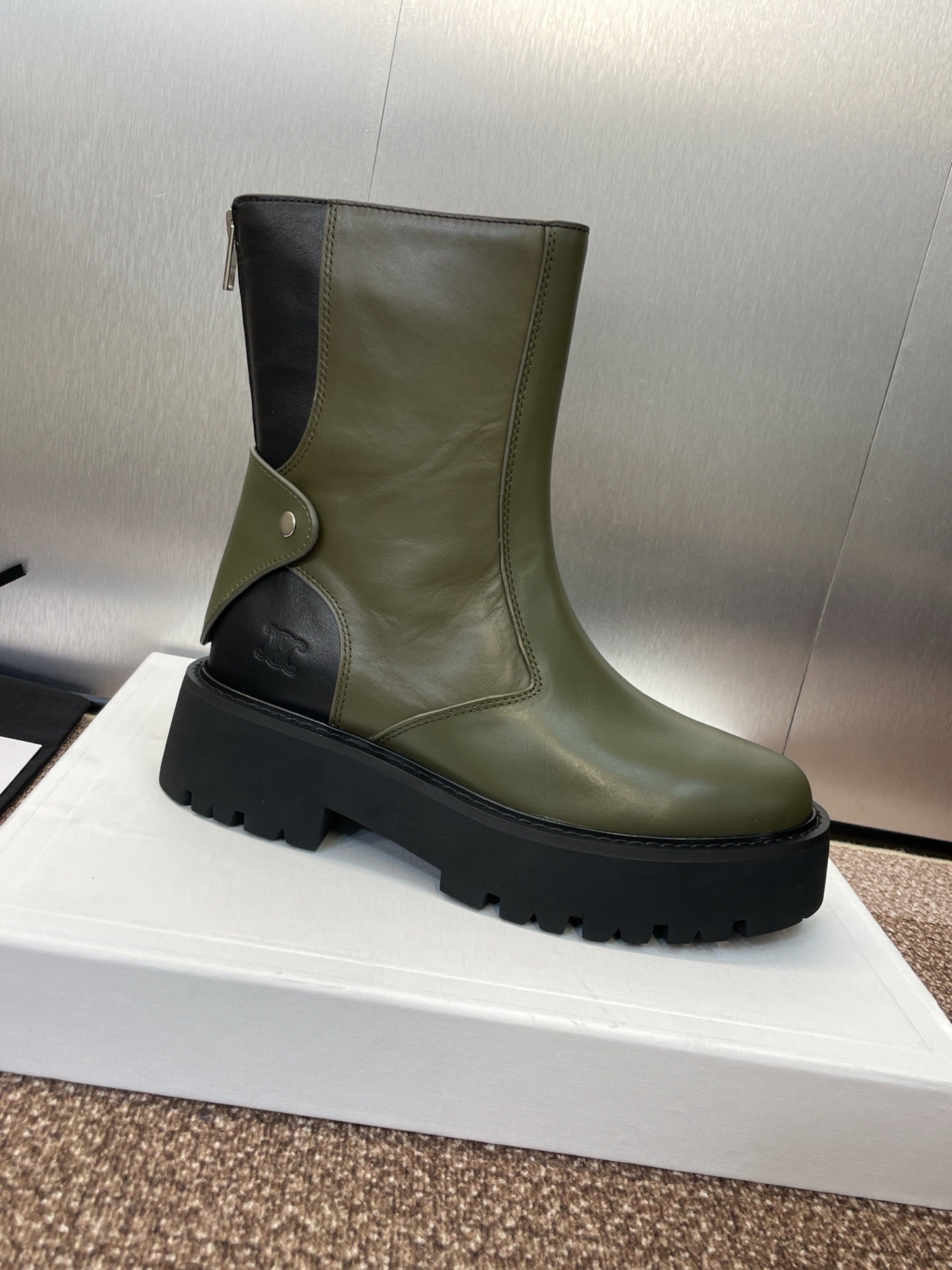 CELINE 26S ANKLE BOOTS 45 MM IN MOSS GREEN CALFSKIN
