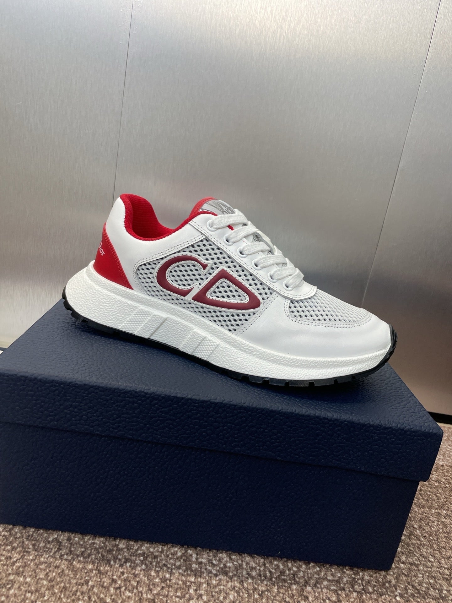DIOR 25S D-RUN'N COUPLE SNEAKERS IN WHITE RED CALFSKIN AND MESH - 35