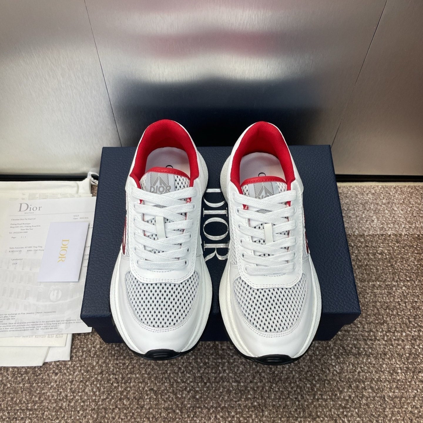 DIOR 25S D-RUN'N COUPLE SNEAKERS IN WHITE RED CALFSKIN AND MESH - 35