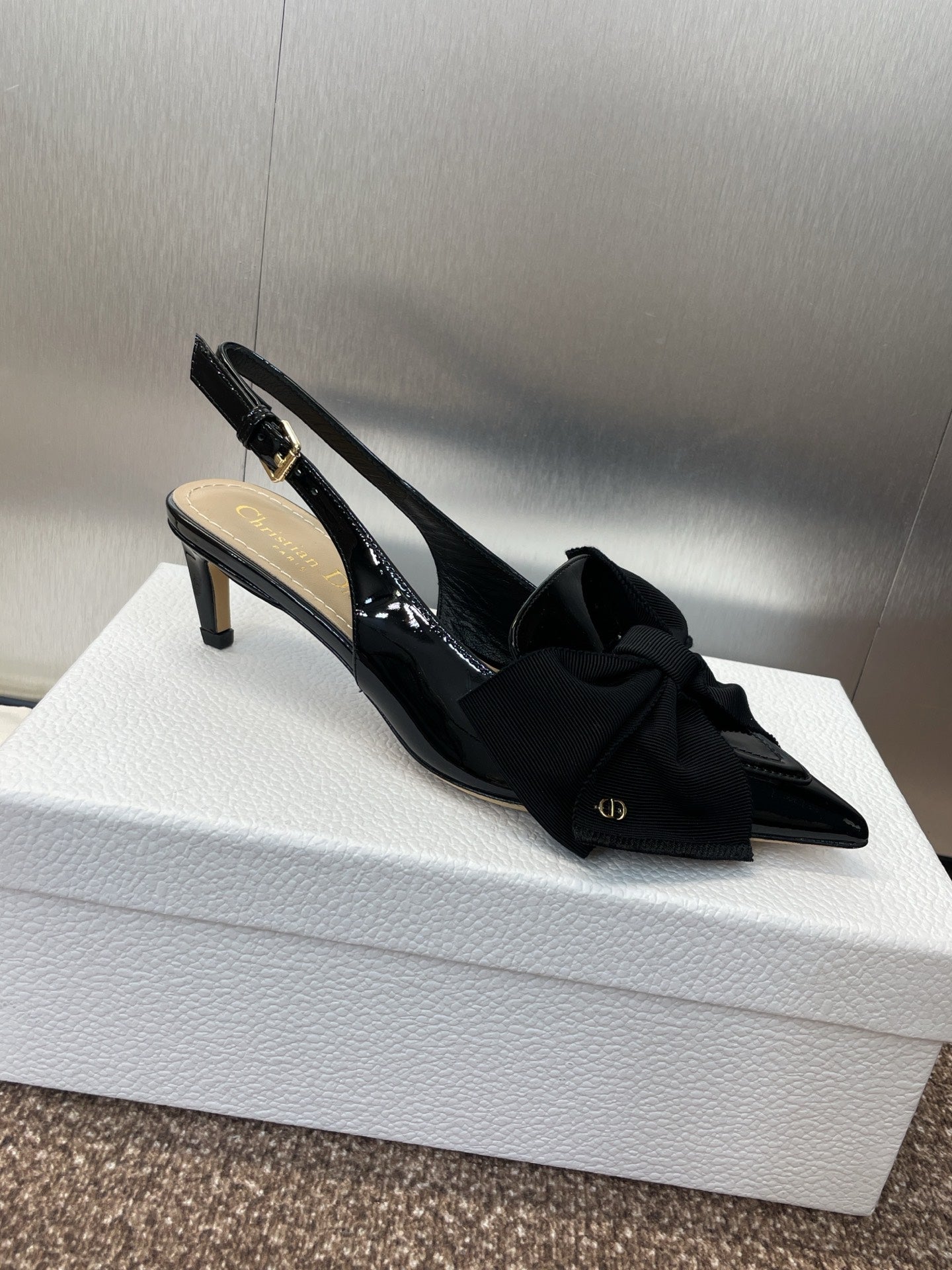 DIOR 25S SLINGBACK PUMP 55MM IN BLACK PATENT CALFSKIN AND GROSGRAIN - 34