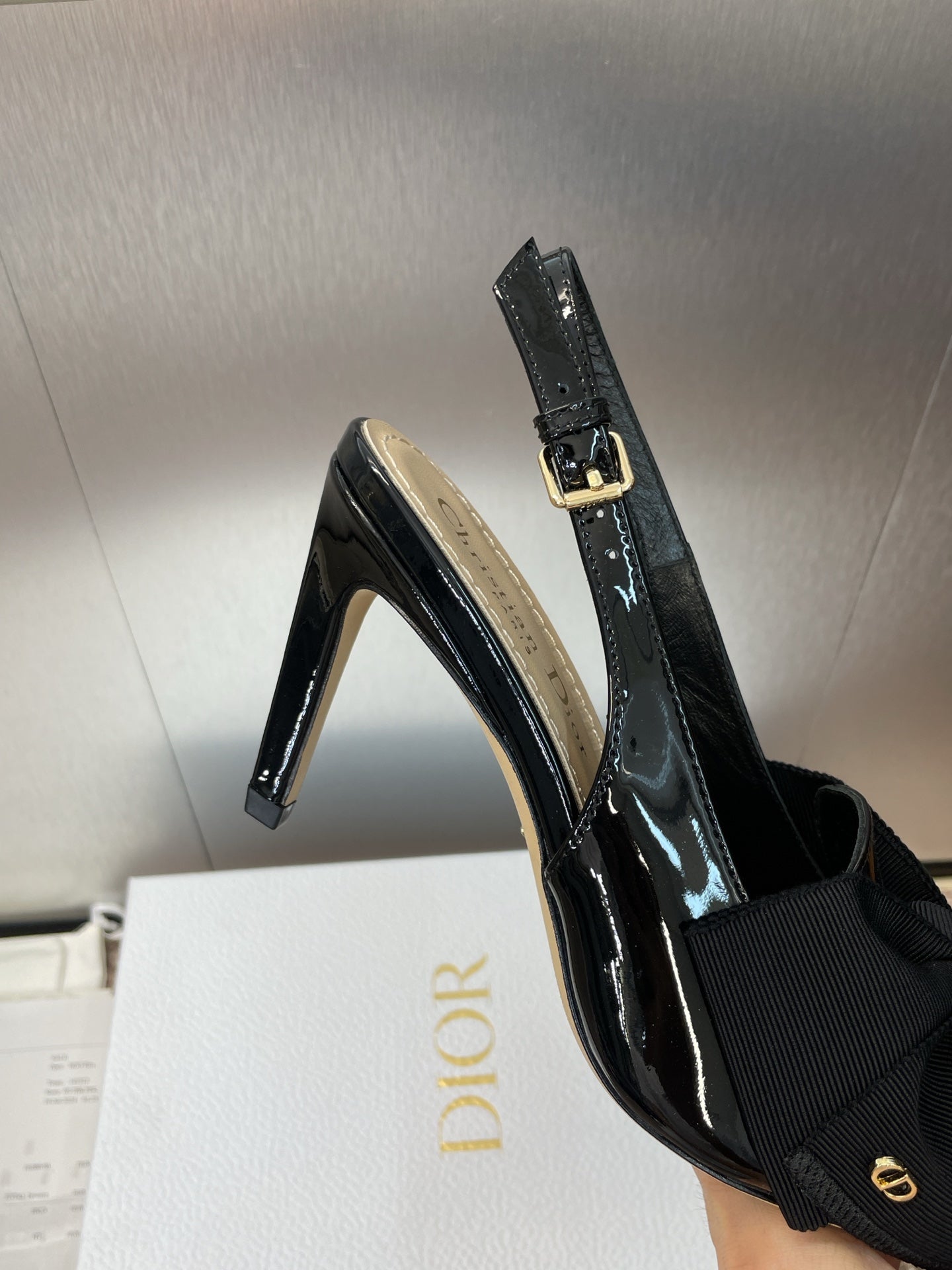 DIOR 25S SLINGBACK PUMP 80MM IN BLACK PATENT CALFSKIN AND GROSGRAIN - 34
