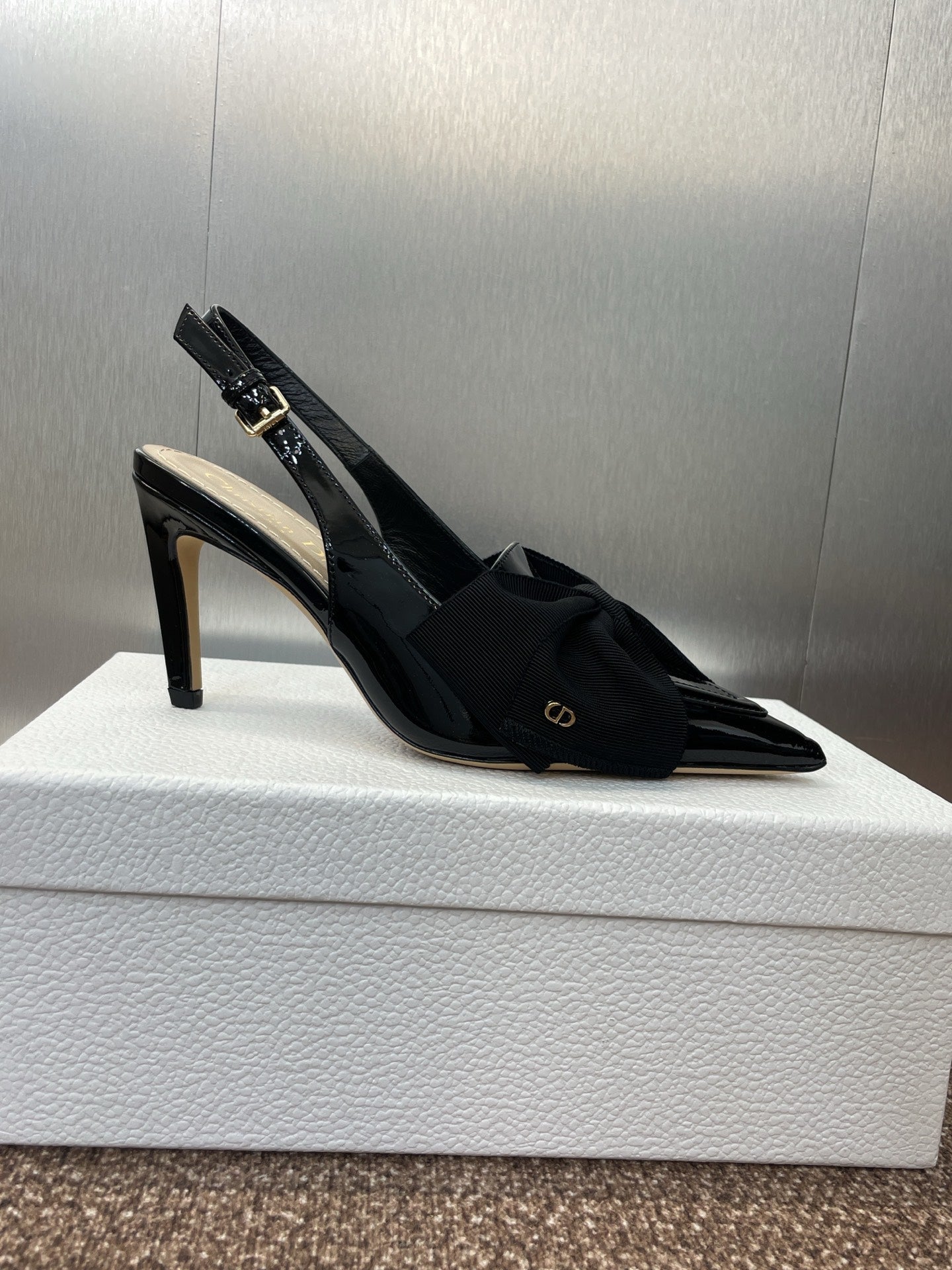 DIOR 25S SLINGBACK PUMP 80MM IN BLACK PATENT CALFSKIN AND GROSGRAIN - 34