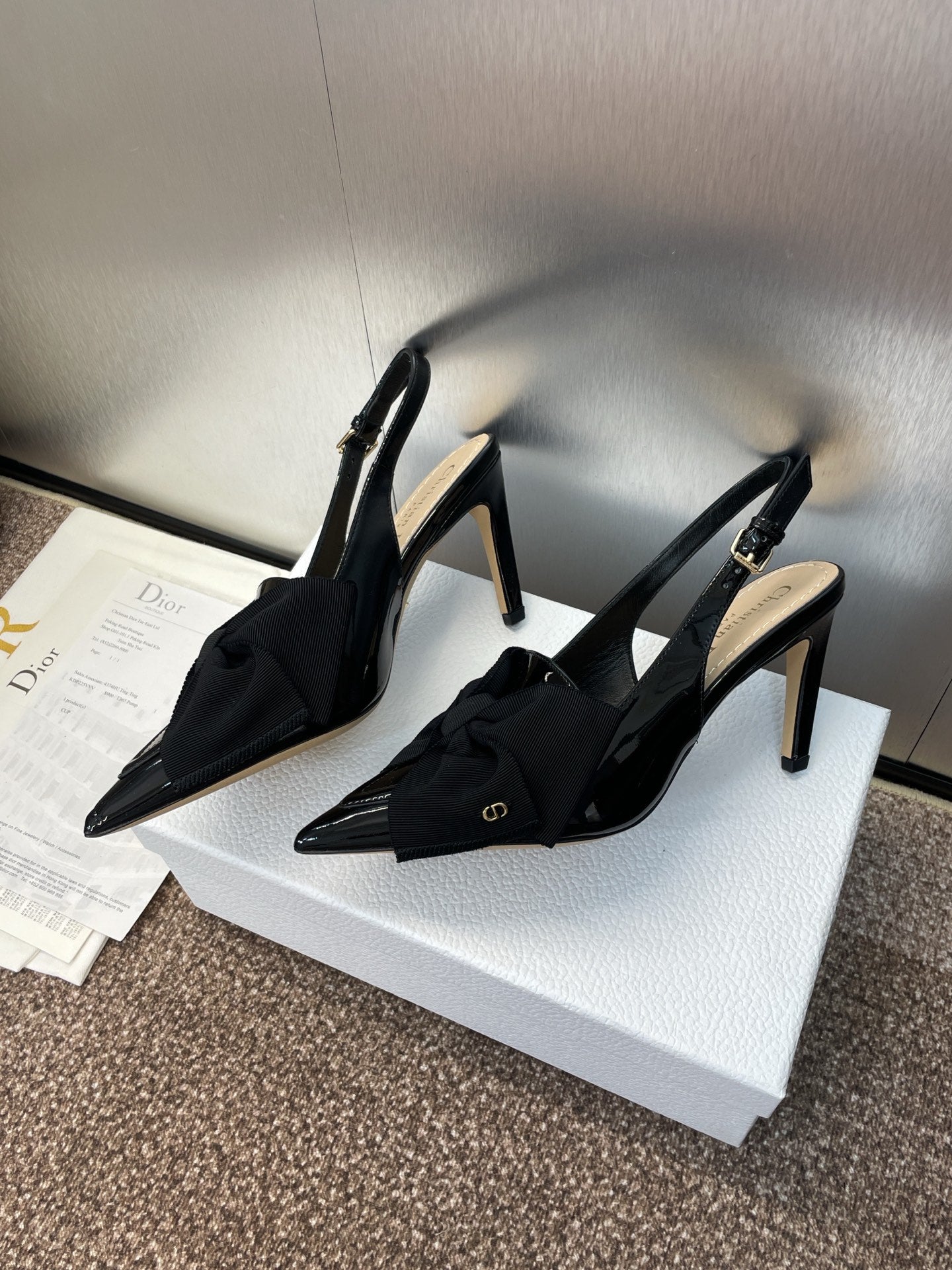 DIOR 25S SLINGBACK PUMP 80MM IN BLACK PATENT CALFSKIN AND GROSGRAIN - 34