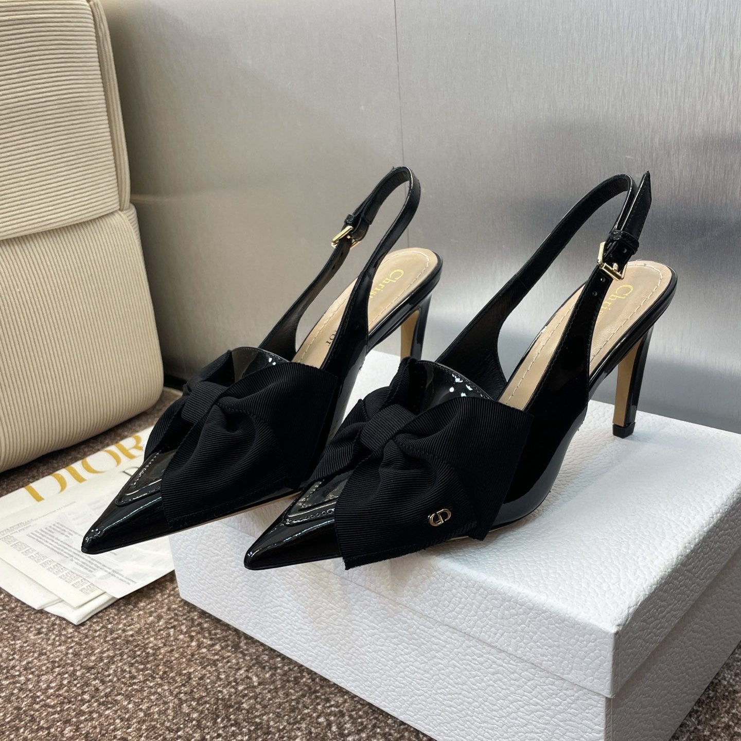 DIOR 25S SLINGBACK PUMP 80MM IN BLACK PATENT CALFSKIN AND GROSGRAIN - 34