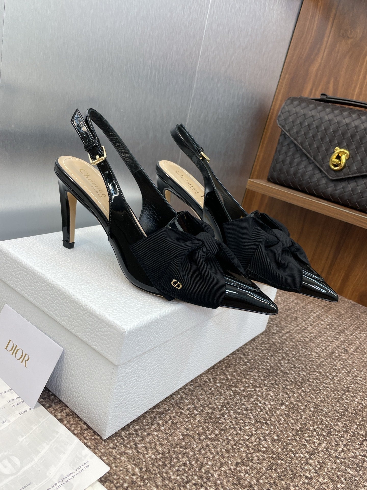 DIOR 25S SLINGBACK PUMP 80MM IN BLACK PATENT CALFSKIN AND GROSGRAIN - 34