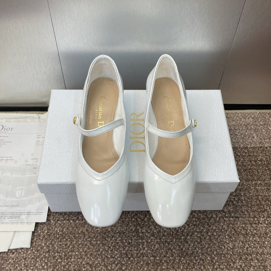 DIOR 25S ROUND-TOE MARY JANE BALLET FLATS IN WHITE CALFSKIN - 34