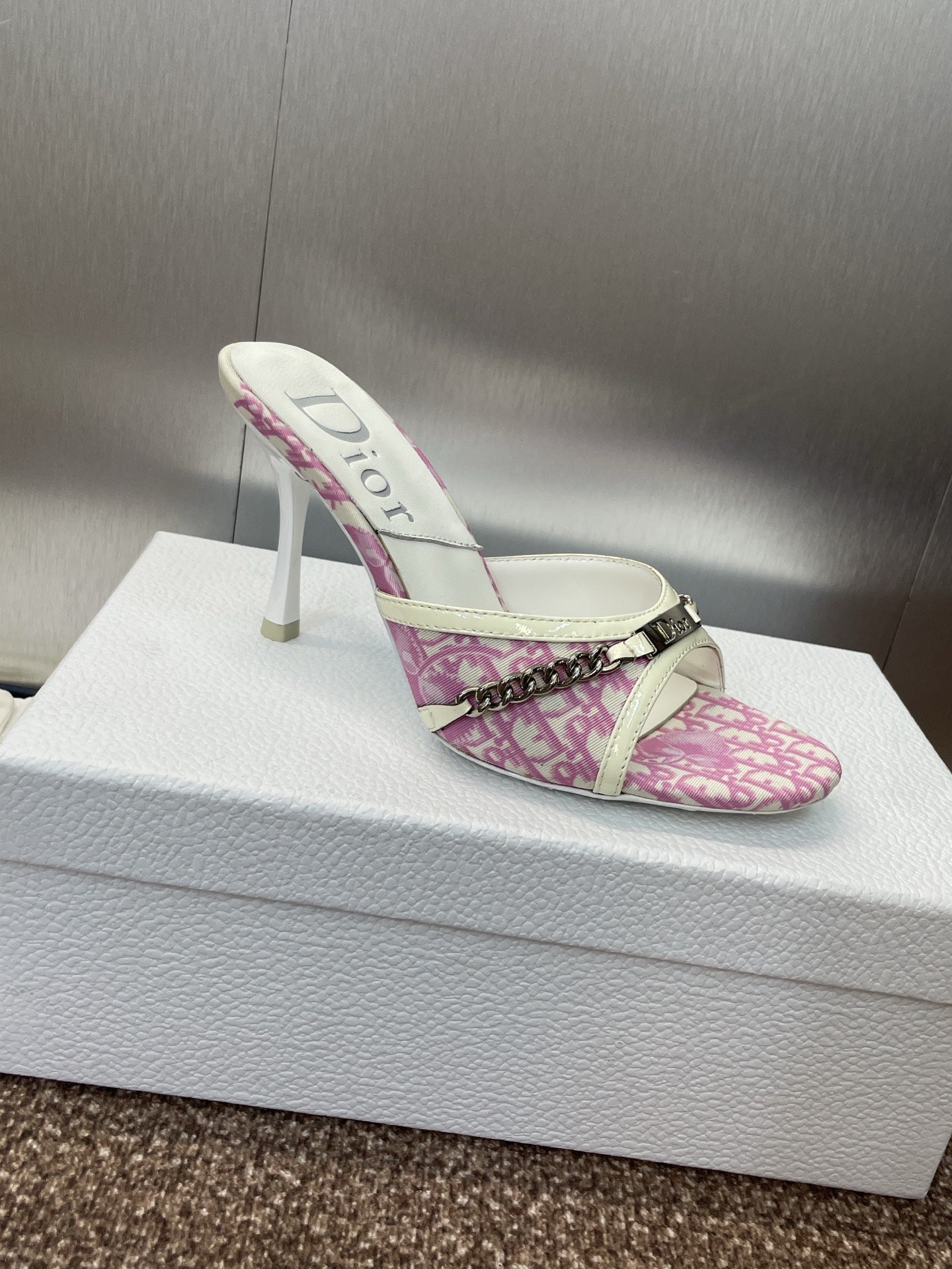 DIOR 25S HIGH HEELS PUNK 85MM IN PINK WHITE CALFSKIN AND CANVAS - 35