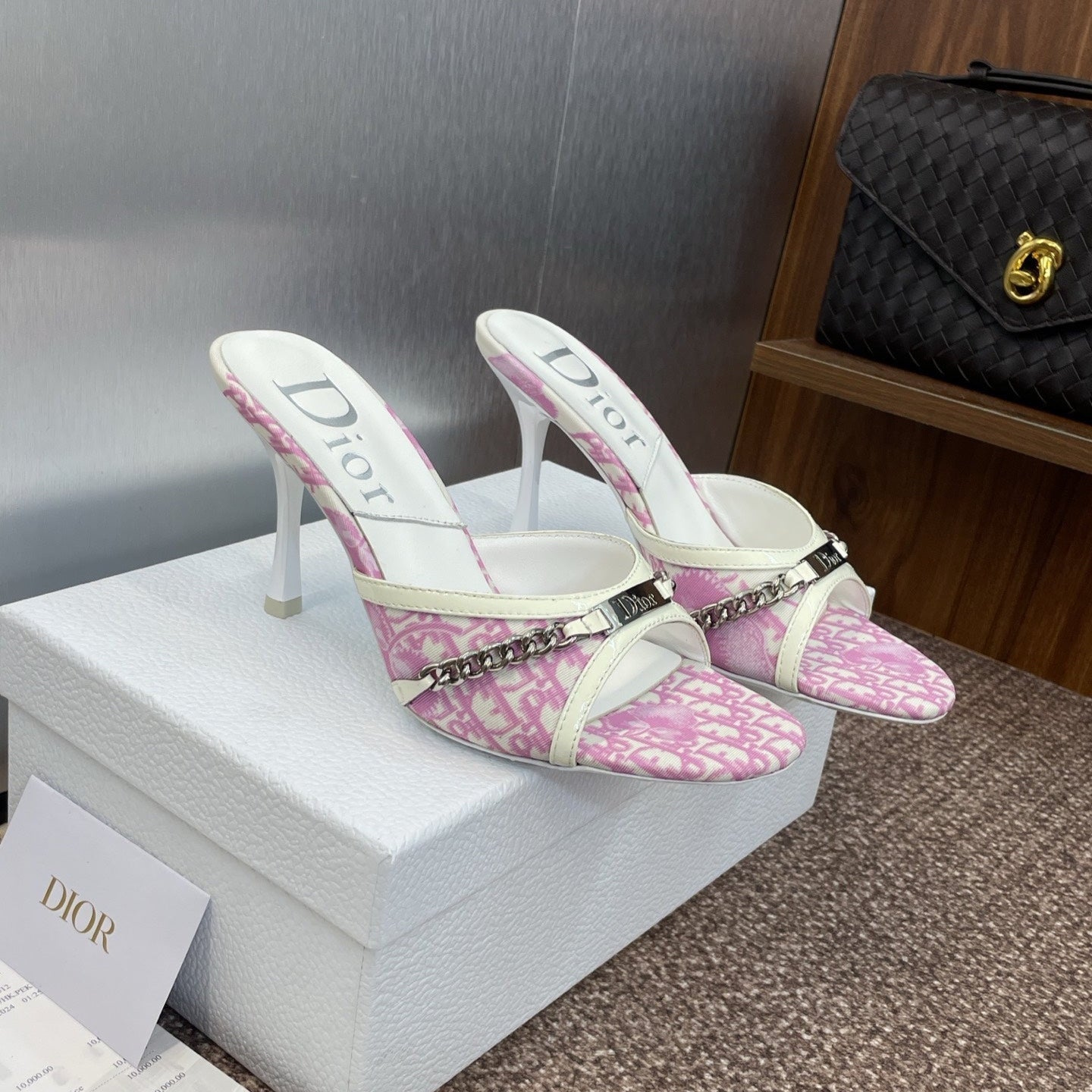 DIOR 25S HIGH HEELS PUNK 85MM IN PINK WHITE CALFSKIN AND CANVAS - 35